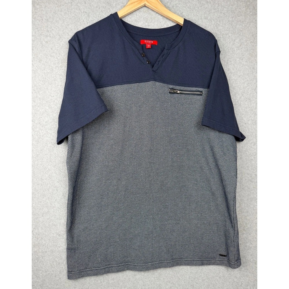 GUESS Los Angeles Mens XXL Navy Blue Short Sleeve Henley Zip Pocket Shirt